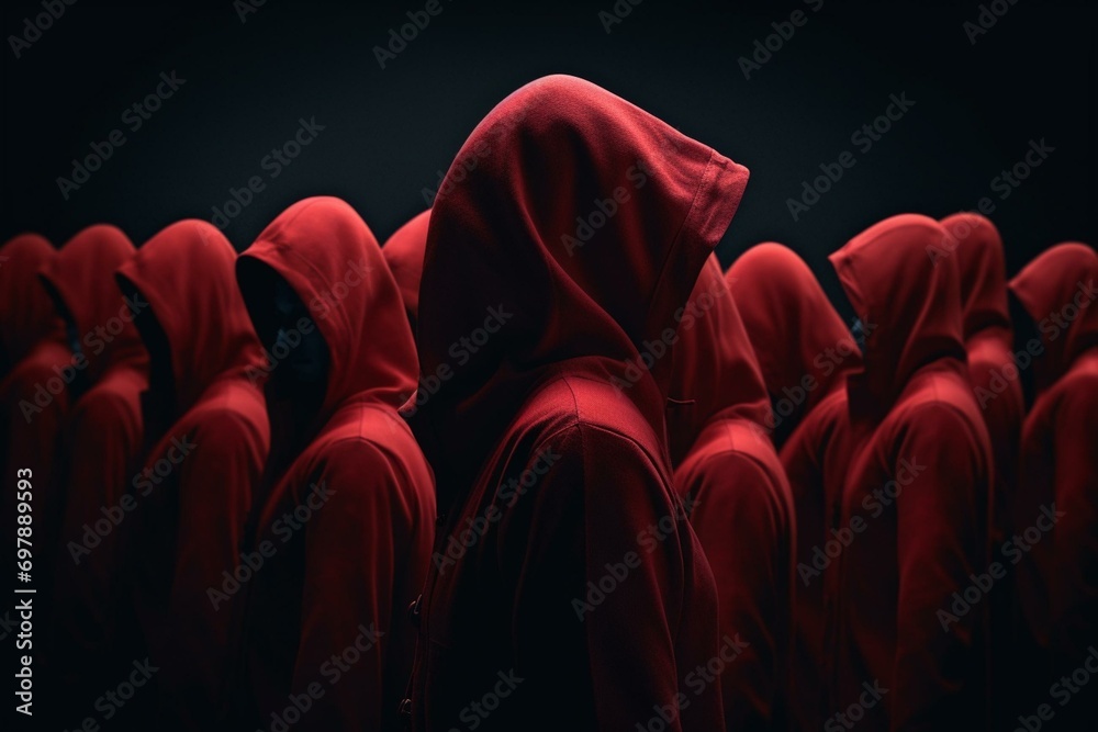 Illustration of multiple red hooded figures against a dark backdrop. Generative AI - obrazy, fototapety, plakaty 