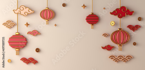 Chinese new year 2024 decoration background with lantern, cloud, Chinese coin cartoon style, mid autumn, gong xi fa cai, copy space text, 3d rendering illustration