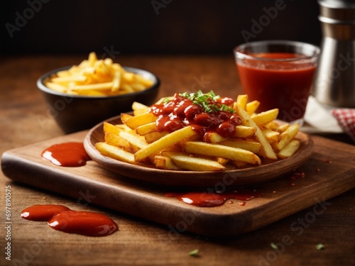 Delicious french fries on wooden bowl. The golden brown sticks of potato, food photography