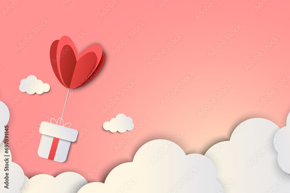 Background for Valentine's Day with Place for text.Illustration with a gift and a heart on a background of clouds in paper cat style.Vector.