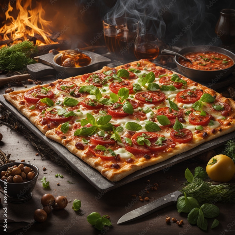 Delicious Flammkuchen, thin crispy Italian pizza, food photography, for ads
