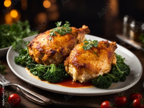 Delicious chicken baked in a spicy marinade, simple recipe, fried chicken thighs, mashed potatoes