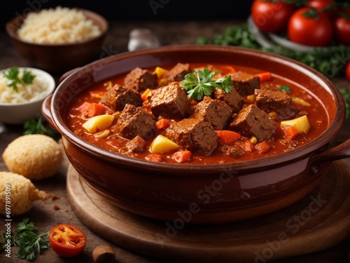 Hungarian goulash gulyas, soup or stew usually prepared with tender beef and onions, spice, paprika