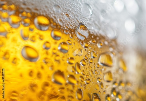 Extreme close-up view of refreshing beer with bubbles and foam, ideal for pub and bar settingsthe craft of brewery in a glass. with copy space