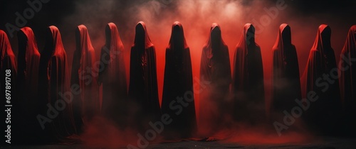 People in red cloaks in a hood gather to perform a ritual.