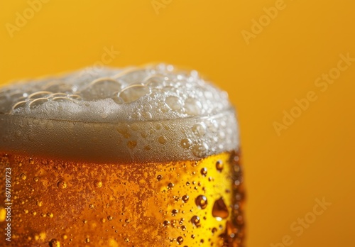 Extreme close-up view of refreshing beer with bubbles and foam, ideal for pub and bar settingsthe craft of brewery in a glass. with copy space photo