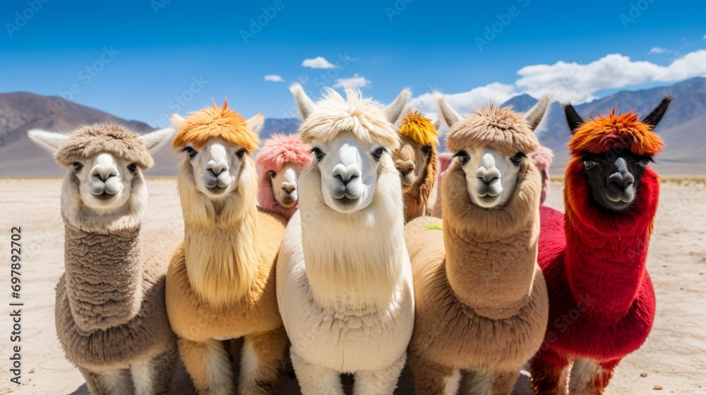 A group of alpacas framed by the vibrant colors of a rainbow.