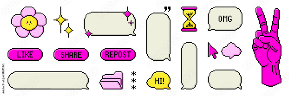 Set of pixel art dialogue box, hand, heart, star, cloud, fire flame ...