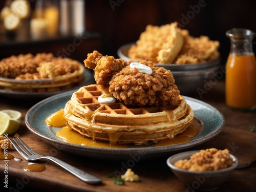 Delicious American chicken and waffles  golden-hued pieces of fried chicken  sweet syrup  with savory waffle