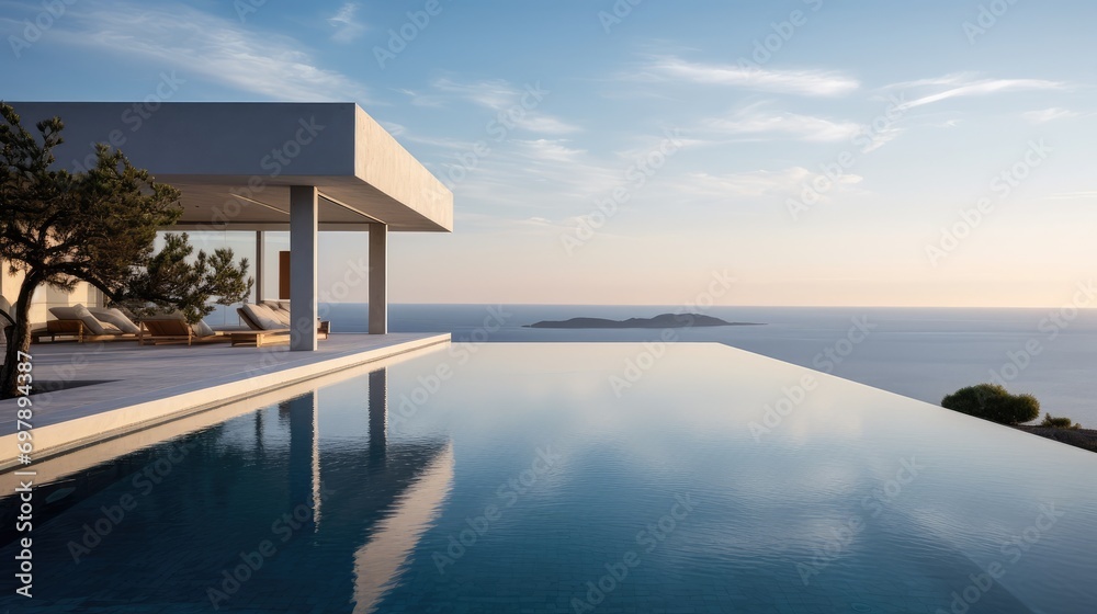 view of the Sea through the infinity pool , villa luxury Generative Ai view of the Sea through the infinity pool , villa luxury Generative Ai
