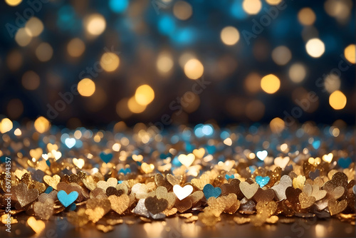 Gold and silver heart shapes scattered on the surface, valentine bokeh background, generative AI photo