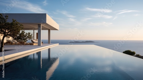 view of the Sea through the infinity pool , villa luxury Generative Ai