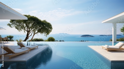 view of the Sea through the infinity pool   villa luxury Generative Ai