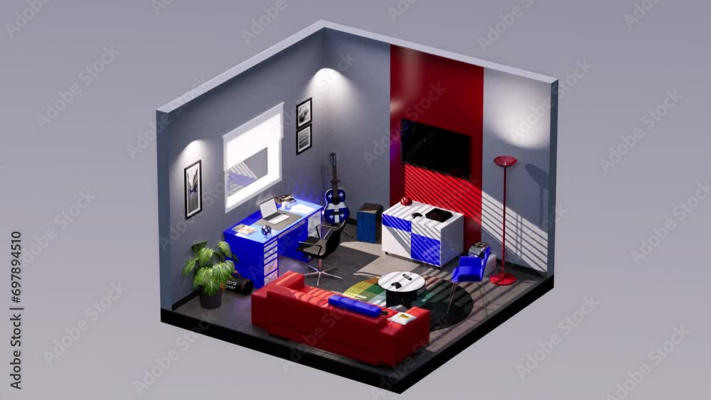 3D isometric living room, with sofa, TV stand, table, and desk ...