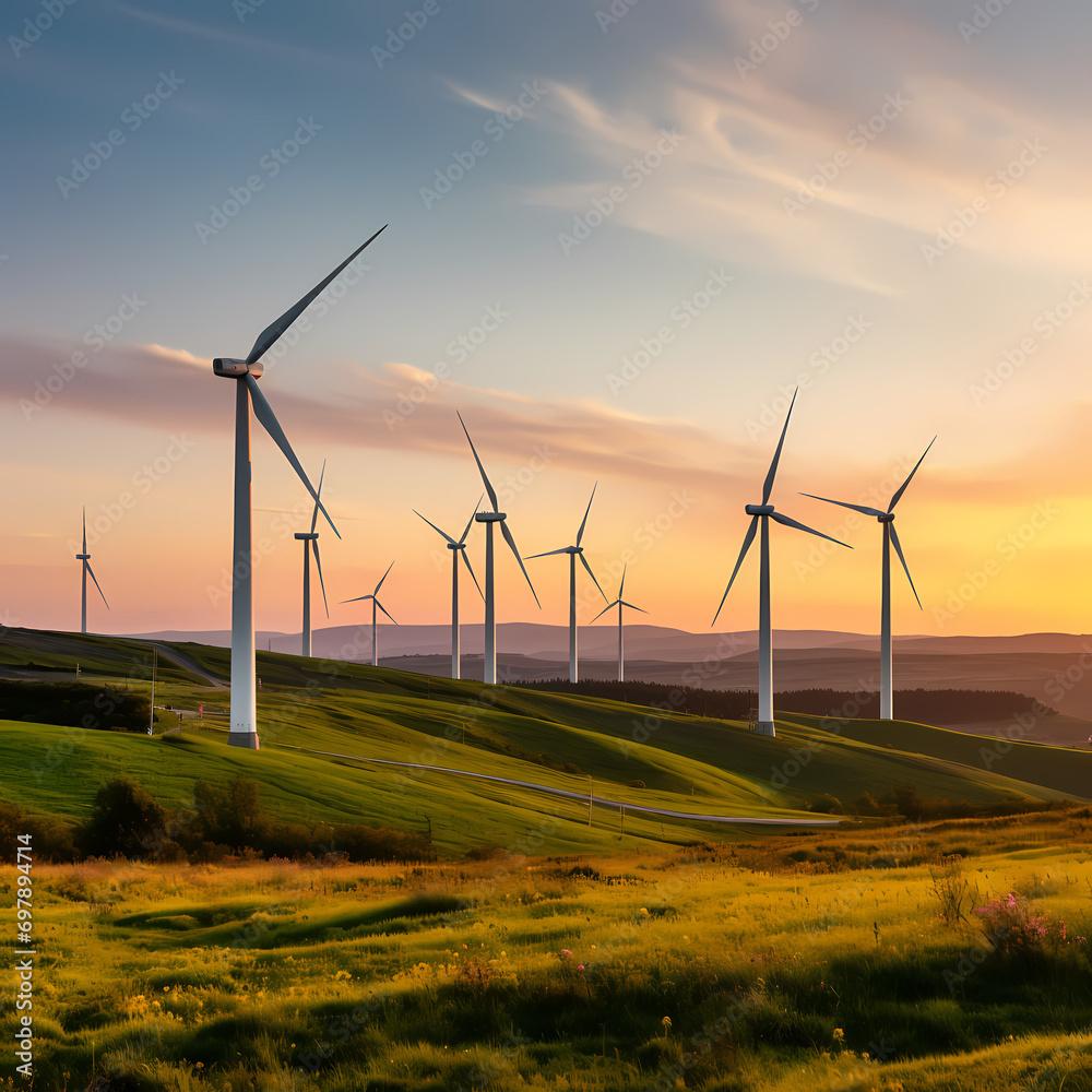 Fototapeta Group of wind turbines generating energy in a field at twilight.