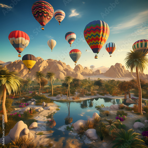 Hot air balloons forming a floating art exhibition above a desert oasis.