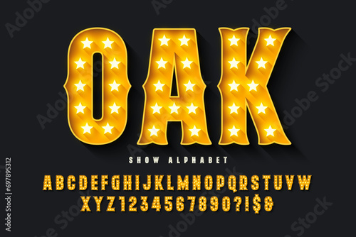 Retro circus alphabet design, cabaret, LED lamps letters and numbers