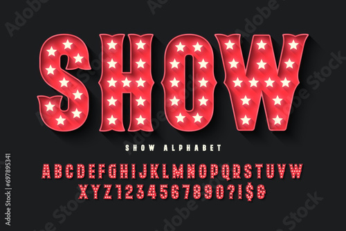 Retro circus alphabet design, cabaret, LED lamps letters and numbers