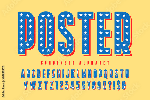 Retro cinema alphabet design, cabaret, stars shine letters and numbers.