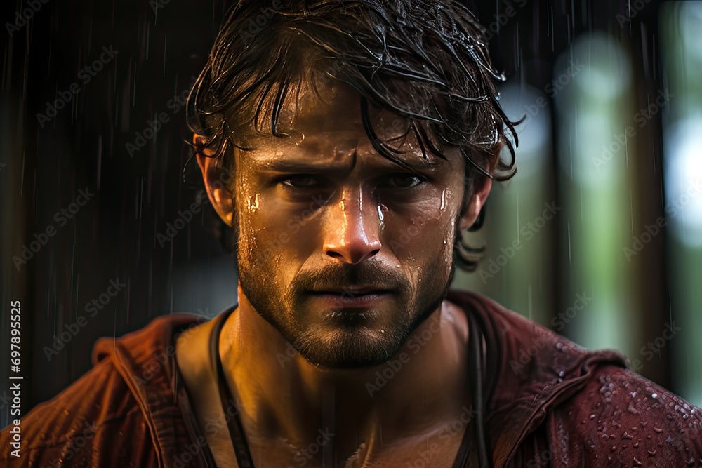 Fototapeta premium A man with piercing eyes in the pouring rain.