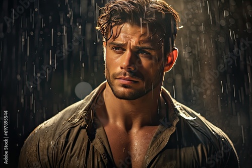 A handsome man with an unbuttoned shirt covered in raindrops. photo
