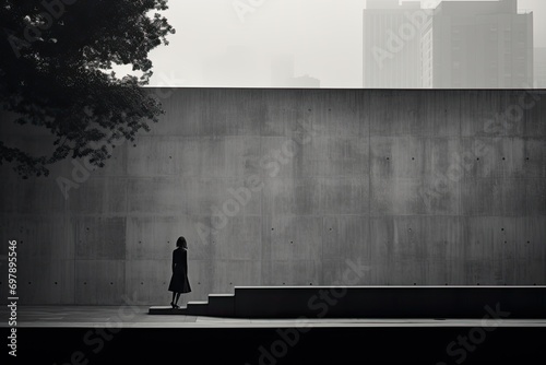 The silhouette of a lonely woman near a gray concrete wall.