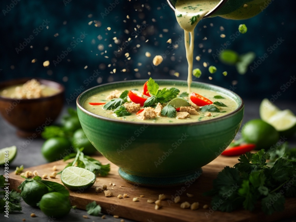 Delicious Thai green curry soup, vibrant blend of fresh green chilies, garlic, shallots, galangal - obrazy, fototapety, plakaty 