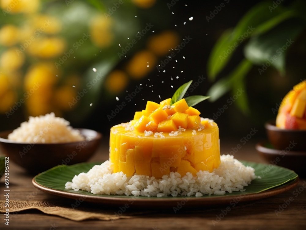 Delicious Thai mango sticky rice, sweet aroma of ripe mangoes and ...