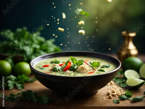 Delicious Thai green curry soup, vibrant blend of fresh green chilies, garlic, shallots, galangal