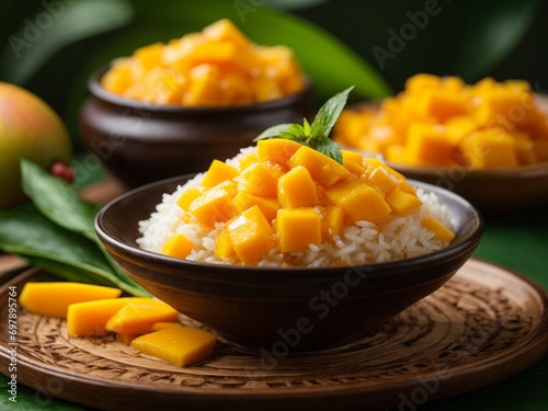 Delicious Thai mango sticky rice, sweet aroma of ripe mangoes and coconut milk dessert, food photography