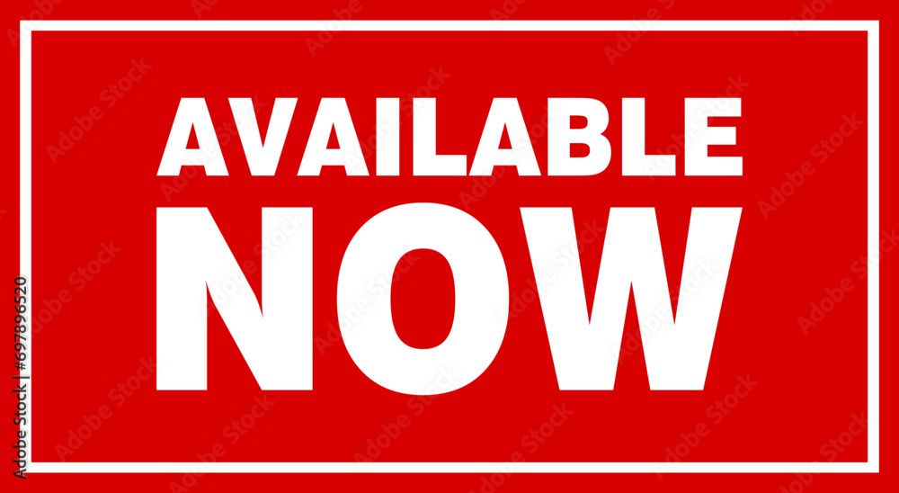 Red available now label, badge, seal, available now text banner
Red available now label, badge, seal, available now text banner
