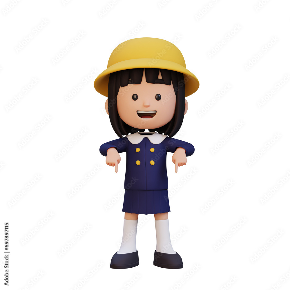 3D cute girl pointing hand to bottom 3D cute girl pointing hand to bottom