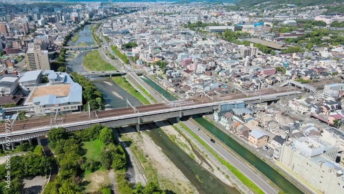 鴨川を通過する新幹線を空撮