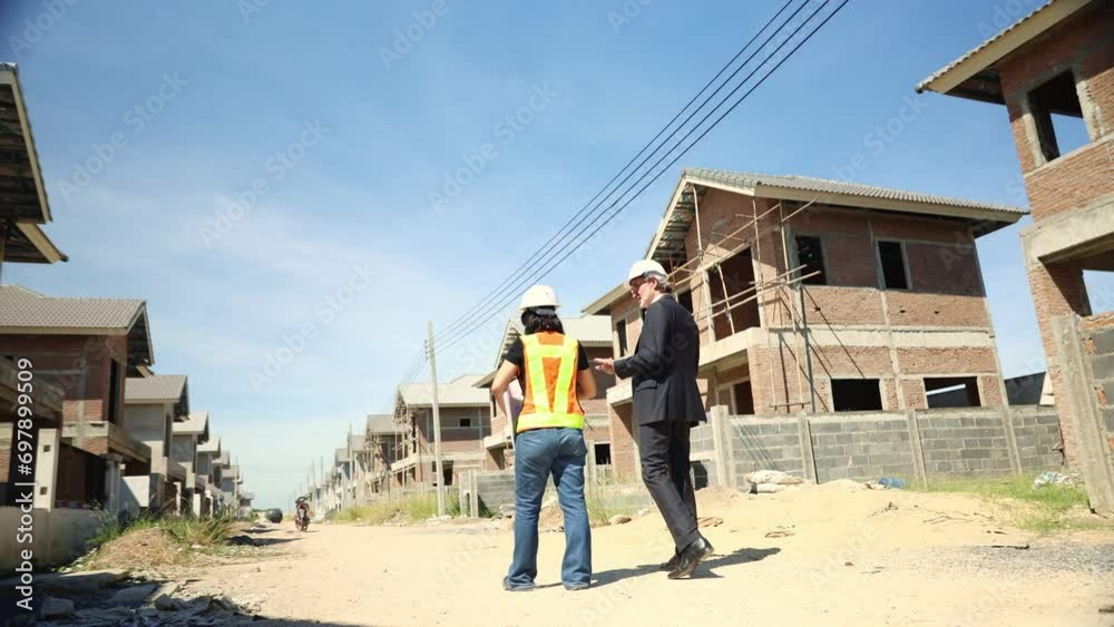 Back view senior male architect consulting with female foreman construction worker holding blueprints consulting planning work inspecting construction site housing construction project. Back view senior male architect consulting with female foreman construction worker holding blueprints consulting planning work inspecting construction site housing construction project.