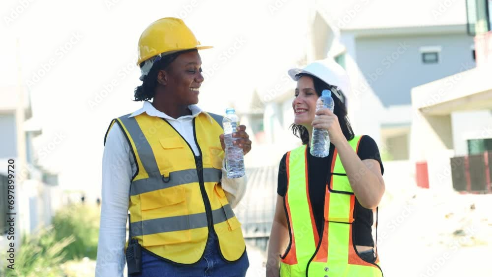 Architects and female workers construction site stand and drink clean distilled water in bottles to quench their thirst while refreshing themselves while smiling while taking breaks. Architects and female workers construction site stand and drink clean distilled water in bottles to quench their thirst while refreshing themselves while smiling while taking breaks.