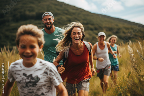 happy family running in nature