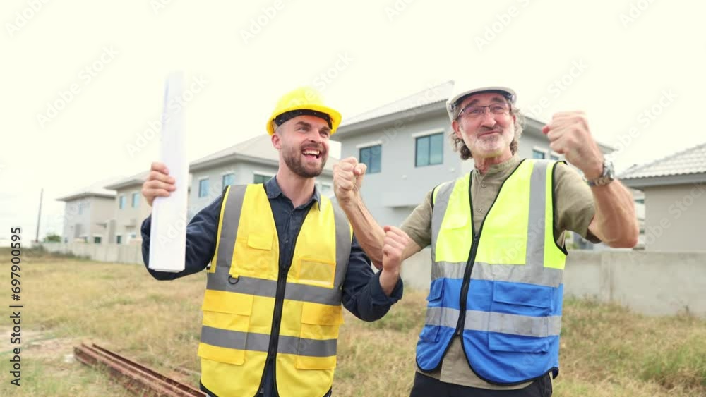 Excellent housing construction project that creates satisfaction of perfect success. Senior architect and male foreman give thumbs up to congratulate together. Excellent housing construction project that creates satisfaction of perfect success. Senior architect and male foreman give thumbs up to congratulate together.