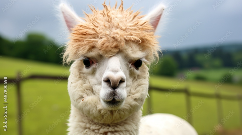 An alpaca with a comical expression, seemingly caught off guard.