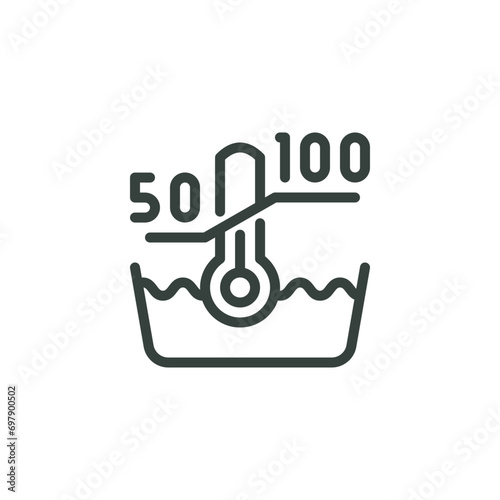 Outline Icon With Numbers, Bowl With Hot Water and Thermometer. Such Line sign as High Liquid Temperature From 50 to 100 Degrees, Machine Wash Temperature 50-100 C. Vector Isolated Pictogram Stroke. photo