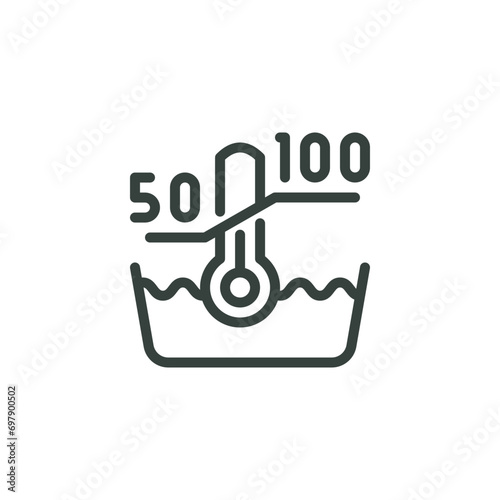 Outline Icon With Numbers, Bowl With Hot Water and Thermometer. Such Line sign as High Liquid Temperature From 50 to 100 Degrees, Machine Wash Temperature 50-100 C. Vector Isolated Pictogram Stroke.