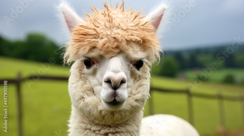An alpaca with a comical expression, seemingly caught off guard.