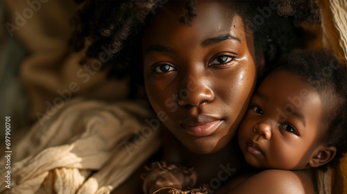 African black Mother smiling, holding newborn baby in her arms photo