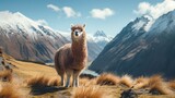 An alpaca with a majestic mountain range as a backdrop.