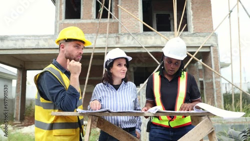 Meeting brainstorm house construction team architects engineers men and women and workers looking at blueprints consulting planning work housing projects real estate with civil engineers. photo