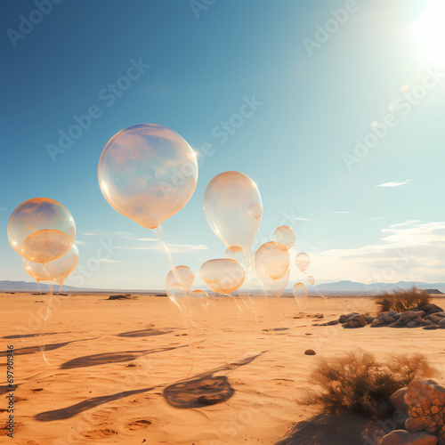 Surreal desert landscape with giant soap bubbles drifting in the air.