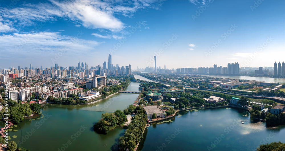 Aerial photography of the Pearl River coastal cities in Guangzhou..