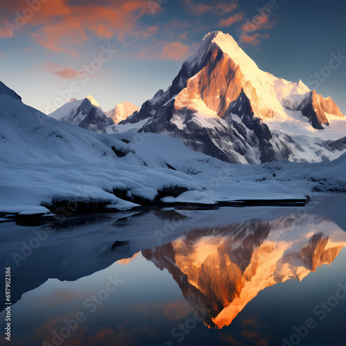 Snow-covered mountain peak reflecting the first light of dawn