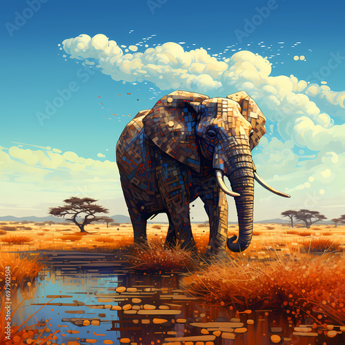 Solitary android elephant wandering through a pixelated savannah.