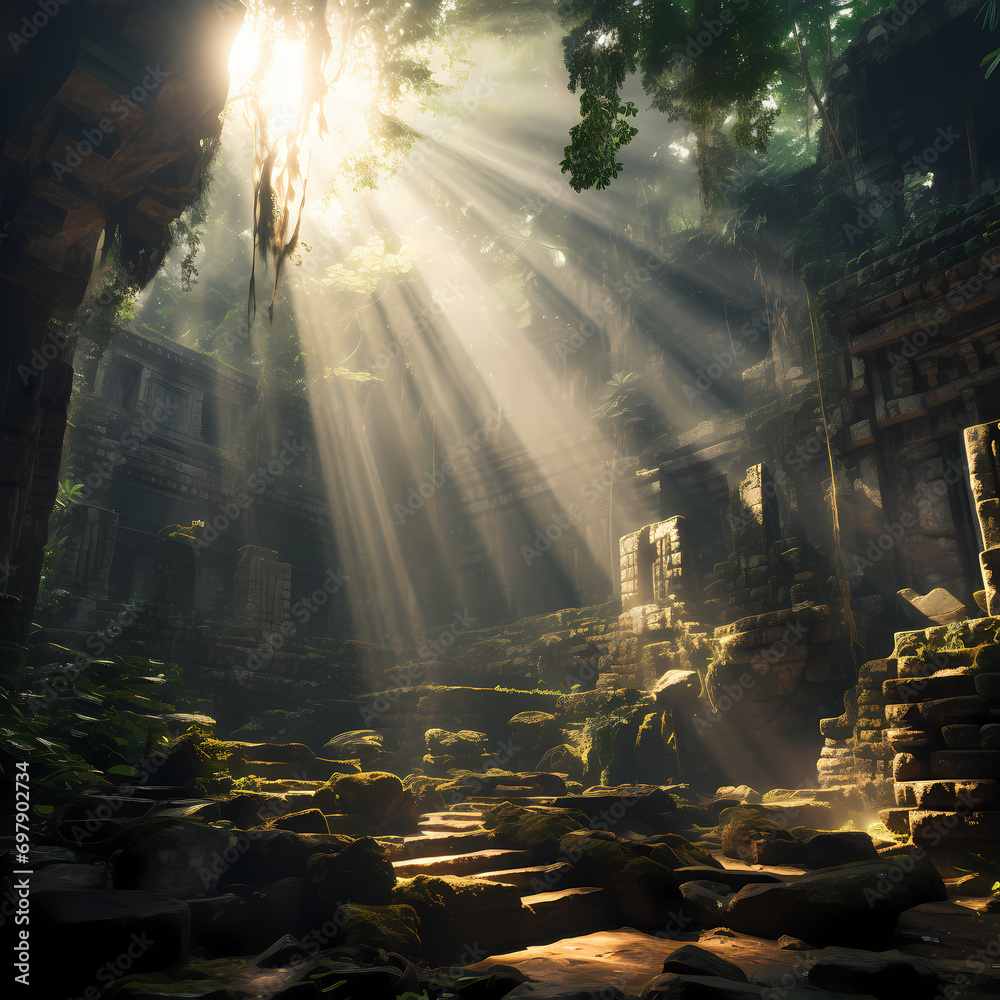 Sunbeams filtering through ancient ruins in a mystical forest.