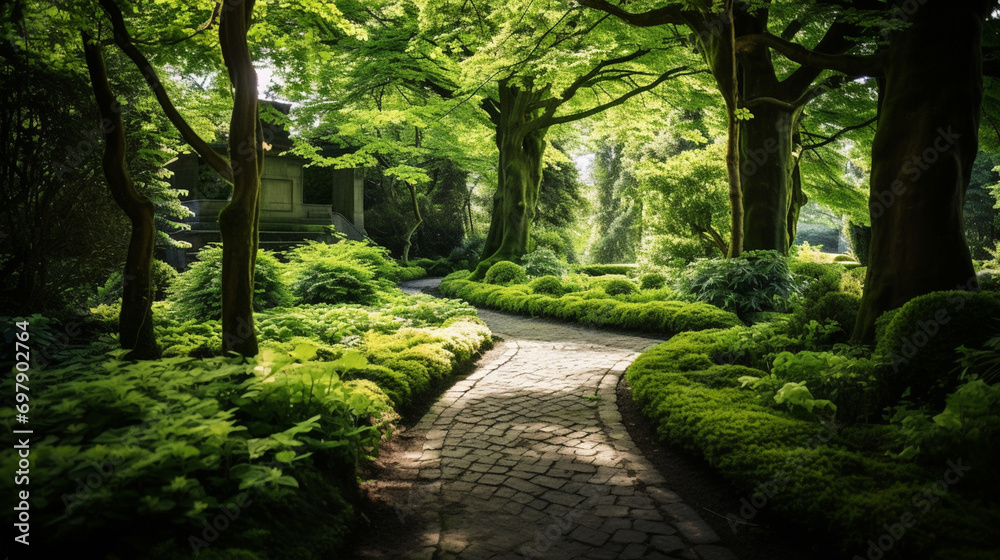 Fototapeta premium Green lawn and trees background with copyspace. Nature background concept. Generative AI